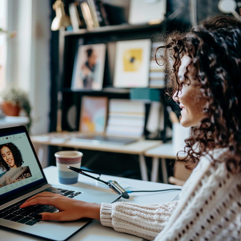 a girl having a video call on laptop with another person