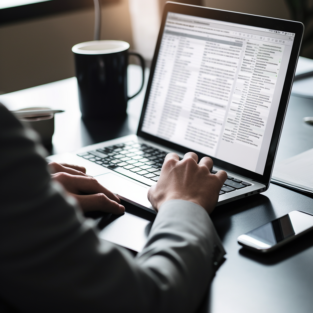 person working on a computer on translating a document at an office desk