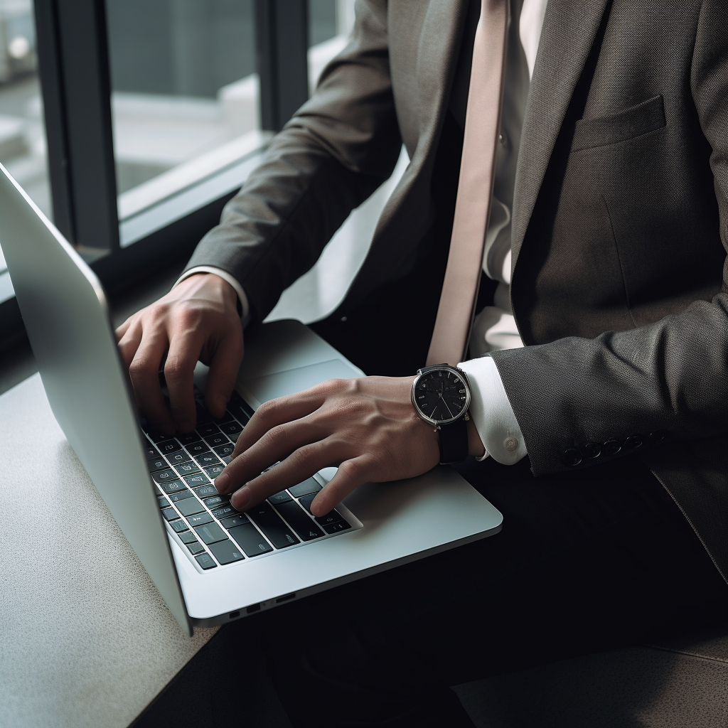 person in a suit working on a laptop