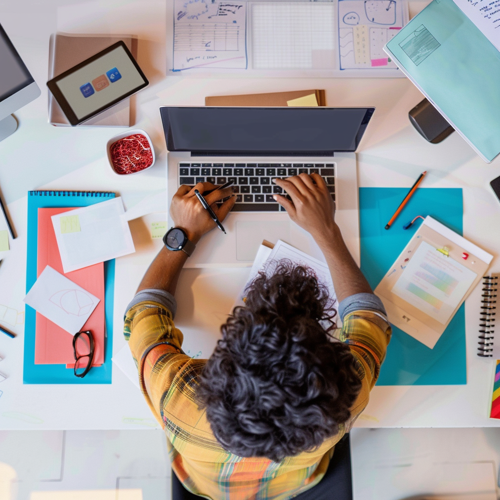 woman working on a laptop on a busy desk, tailoring a learning plan